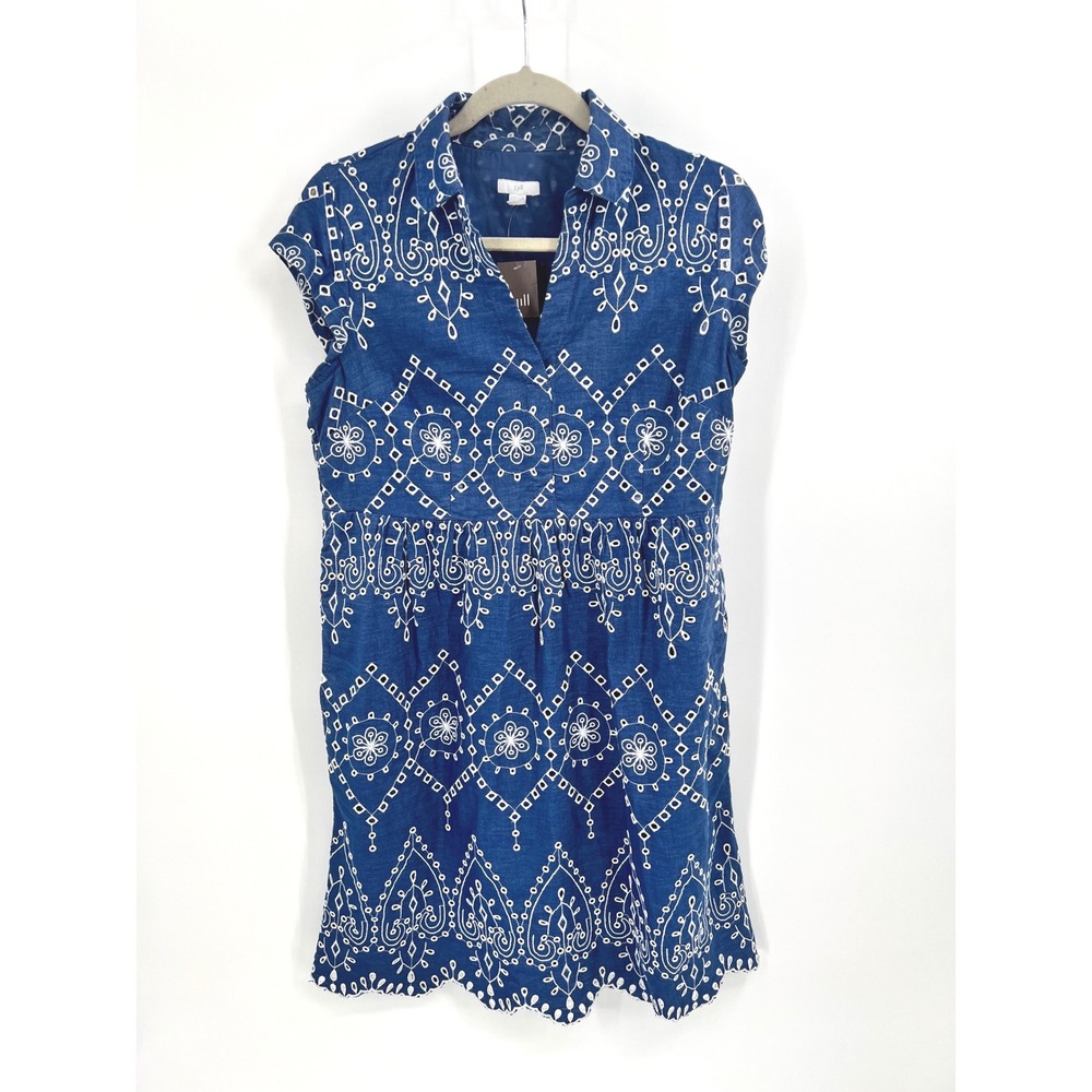 JJill Blue White Eyelet Embroidered Cotton Dress Scalloped Hem Small NWT